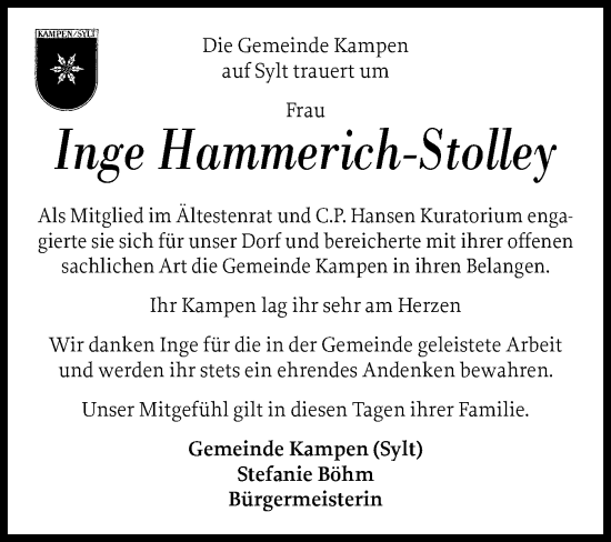 Traueranzeige von Inge Hammerich-Stolley von Sylter Rundschau