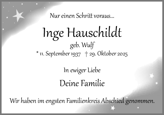 Traueranzeige von Inge Hauschildt von Uetersener Nachrichten, Der tip am Wochenende