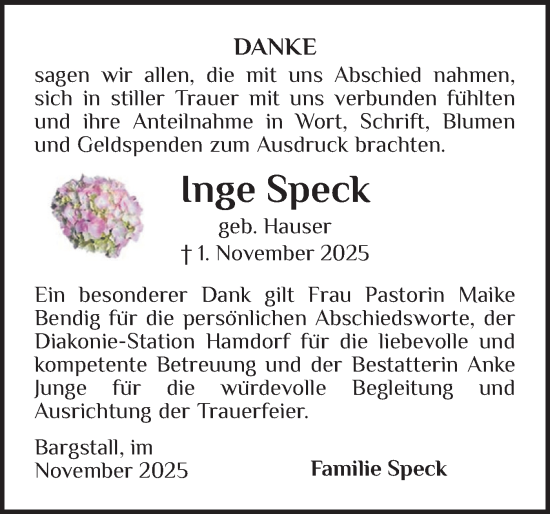 Traueranzeige von Inge Speck von Schleswig-Holsteinische Landeszeitung