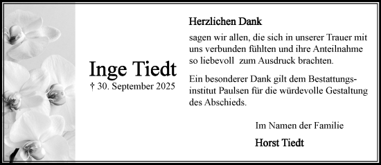 Traueranzeige von Inge Tiedt von MARKT Bad Oldesloe/Reinfeld und Stormarner Tageblatt