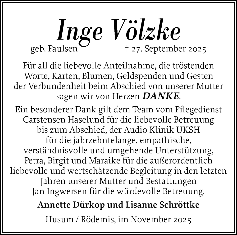  Traueranzeige für Inge Völzke vom 29.11.2025 aus Husumer Nachrichten, Nordfriesland Tageblatt