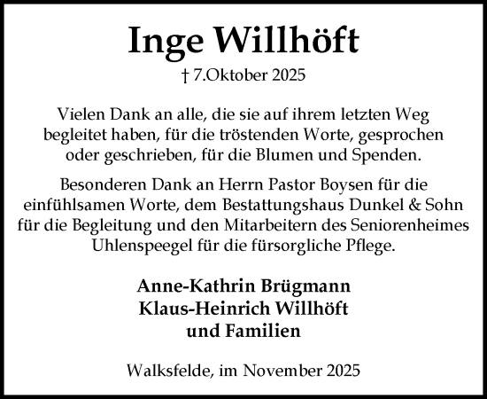 Traueranzeige von Inge Willhöft von MARKT Ratzeburg/Mölln