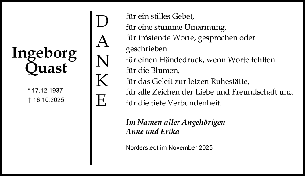  Traueranzeige für Ingeborg Quast vom 08.11.2025 aus Heimatspiegel