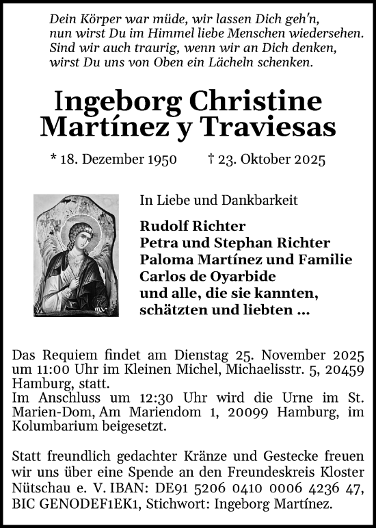 Traueranzeige von Ingeborg Christine Martínez y Traviesas von Region Pinneberg und tip Pinneberg