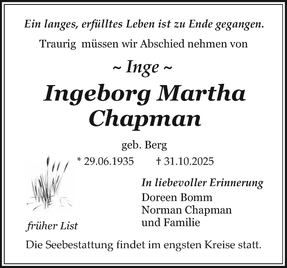  Traueranzeige für Ingeborg Martha Chapman vom 22.11.2025 aus Elmshorner Nachrichten, Barmstedter Zeitung