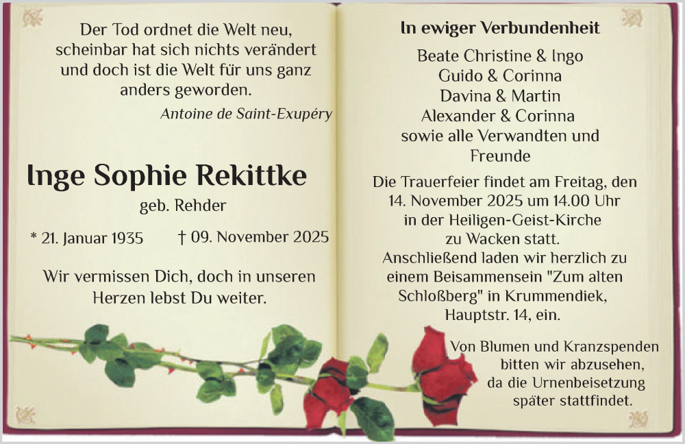  Traueranzeige für Inge Sophie Rekittke vom 12.11.2025 aus Norddeutsche Rundschau, Wilstersche Zeitung, Glückstädter Fortuna