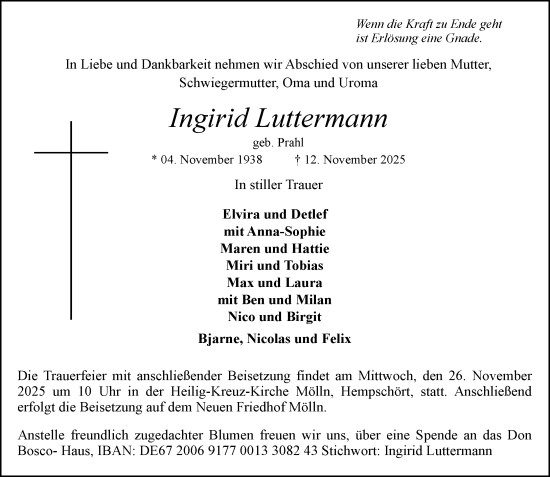 Traueranzeige von Ingirid Luttermann von MARKT Ratzeburg/Mölln