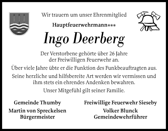 Traueranzeige von Ingo Deerberg von Eckernförder Zeitung