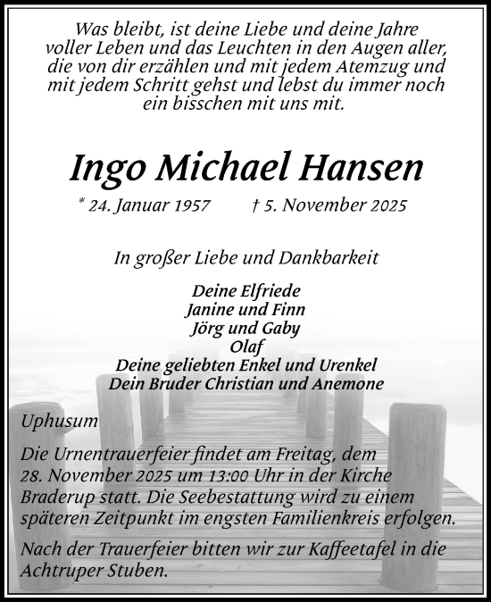 Traueranzeige von Ingo Michael Hansen von Husumer Nachrichten, Nordfriesland Tageblatt