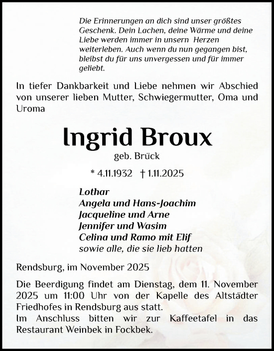 Traueranzeige von Ingrid Broux von Schleswig-Holsteinische Landeszeitung