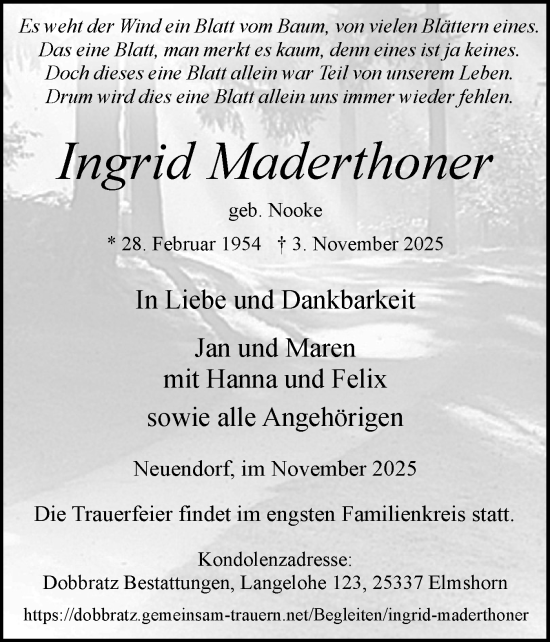 Traueranzeige von Ingrid Maderthoner von Norddeutsche Rundschau, Wilstersche Zeitung, Glückstädter Fortuna