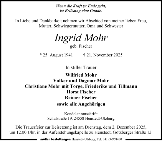 Traueranzeige von Ingrid Mohr von Umschau