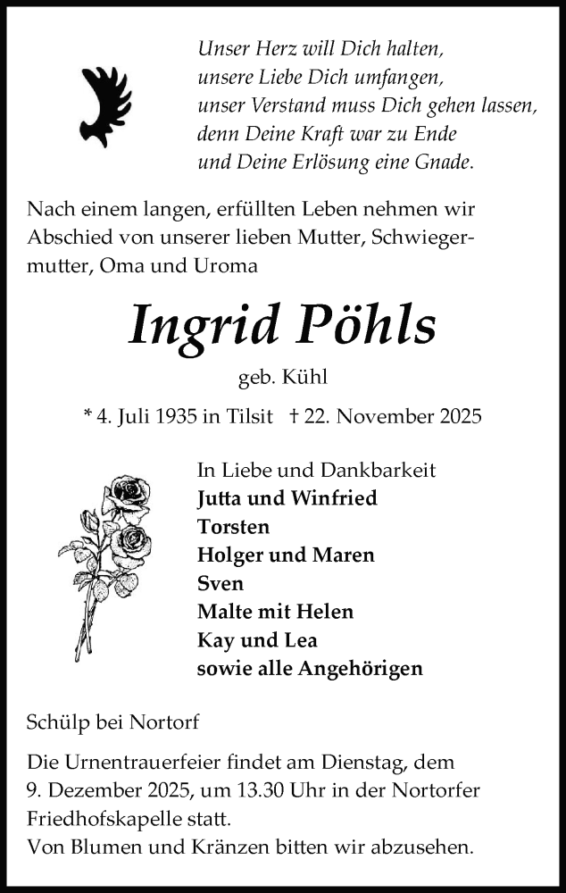  Traueranzeige für Ingrid Pöhls vom 29.11.2025 aus Schleswig-Holsteinische Landeszeitung
