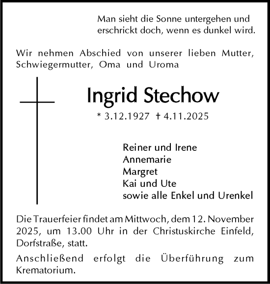 Traueranzeige von Ingrid Stechow von Holsteinischer Courier