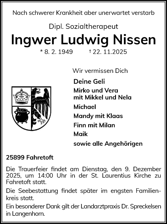 Traueranzeige von Ingwer Ludwig Nissen von Region Flensburg