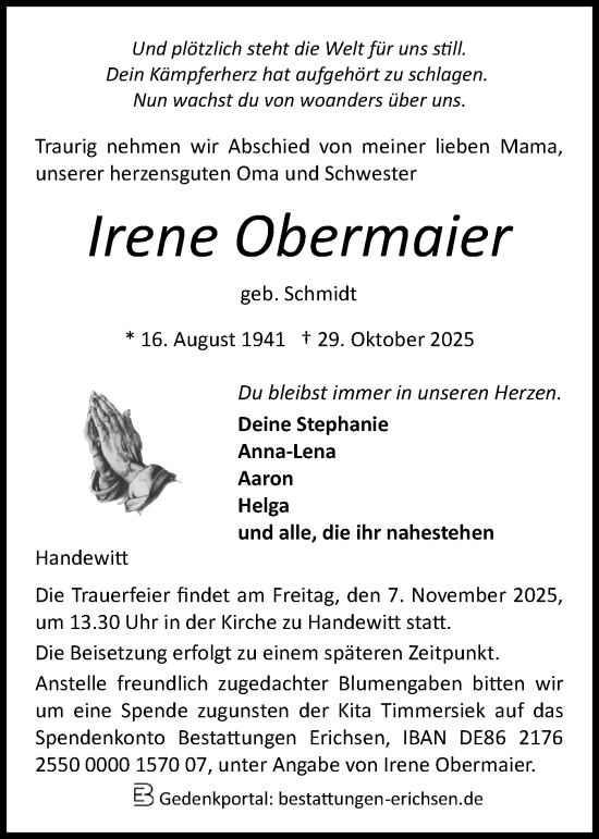 Traueranzeige von Irene Obermaier von Flensburger Tageblatt