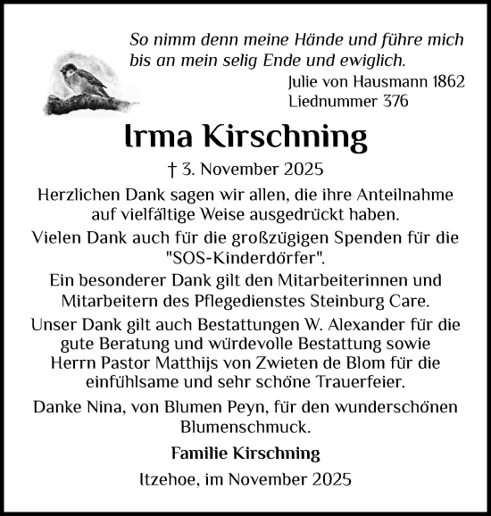 Traueranzeige von Irma Kirschning von Norddeutsche Rundschau, Wilstersche Zeitung, Glückstädter Fortuna