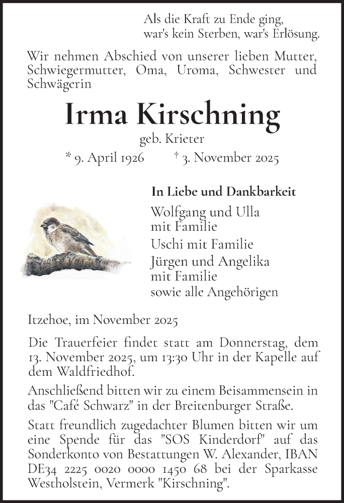  Traueranzeige für Irma Kirschning vom 08.11.2025 aus Norddeutsche Rundschau, Wilstersche Zeitung, Glückstädter Fortuna