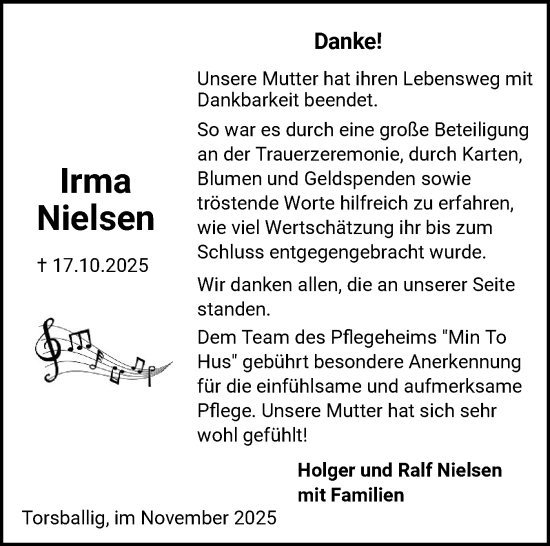 Traueranzeige von Irma Nielsen von Flensburger Tageblatt, Schleswiger Nachrichten, Schlei-Bote