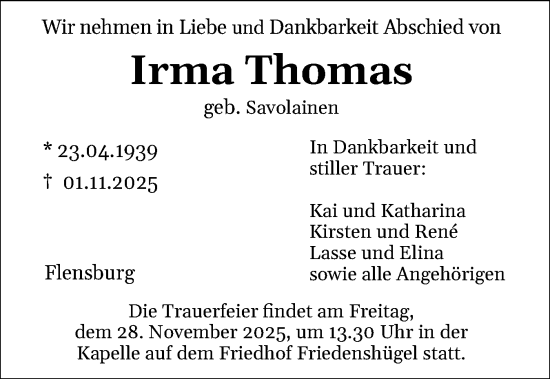 Traueranzeige von Irma Thomas von Flensburger Tageblatt