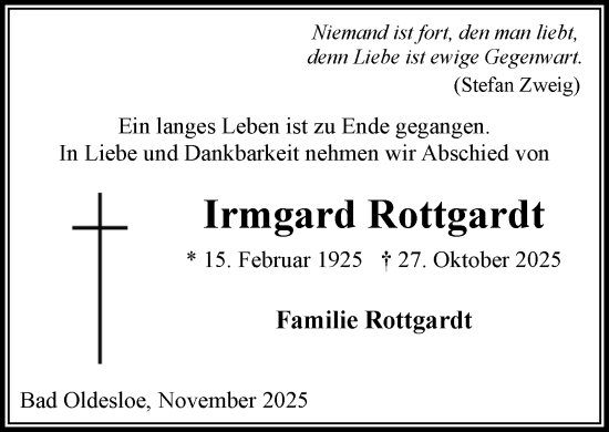 Traueranzeige von Irmgard Rottgardt von MARKT Bad Oldesloe/Reinfeld und Stormarner Tageblatt
