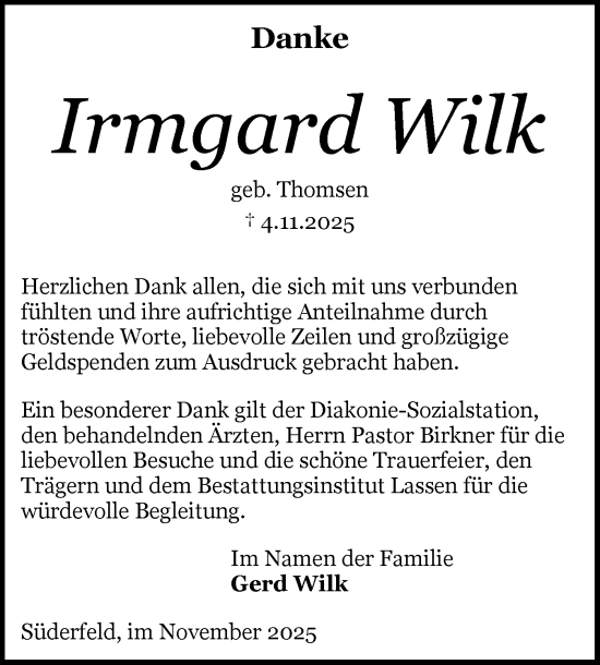 Traueranzeige von Irmgard Wilk von Schleswiger Nachrichten, Schlei-Bote