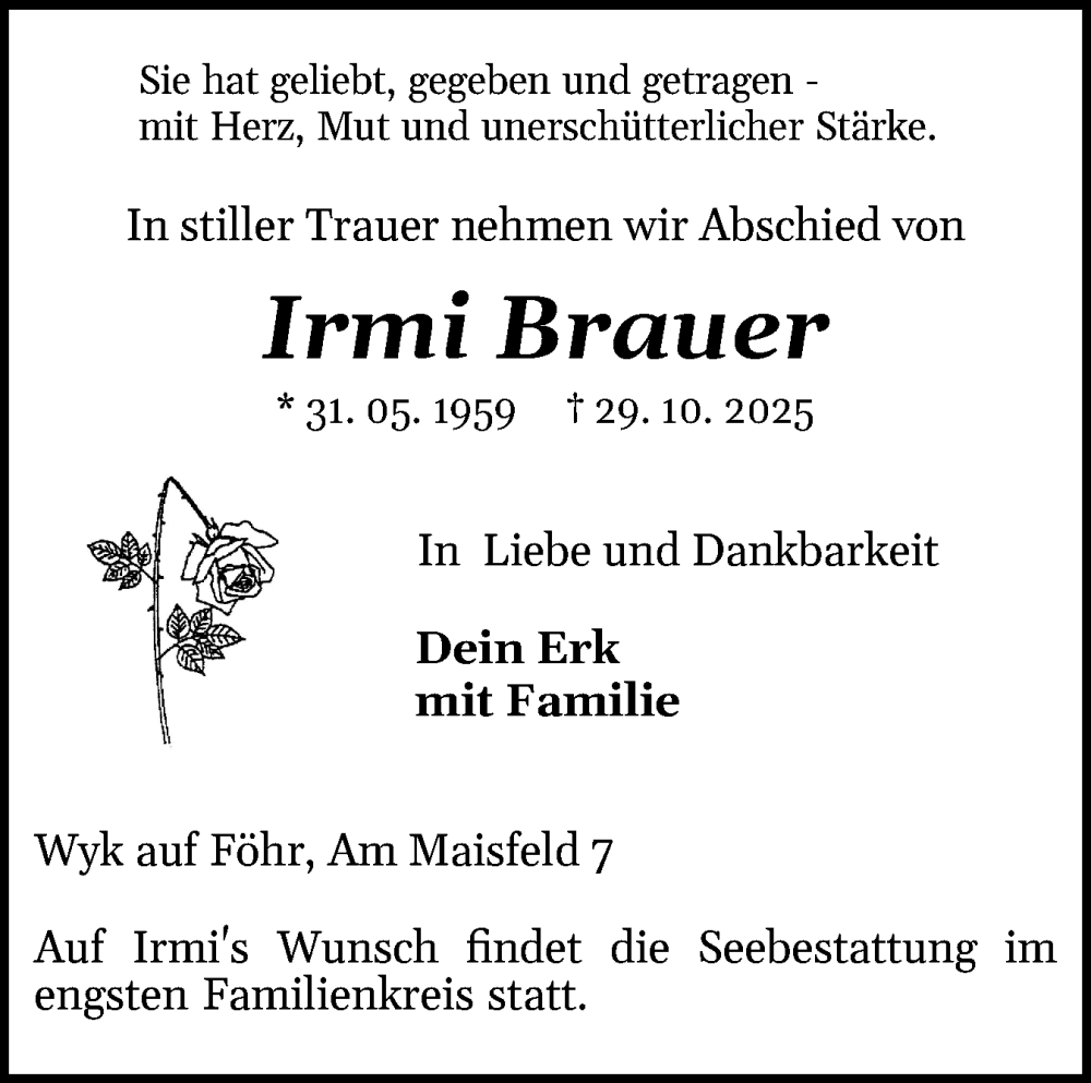  Traueranzeige für Irmi Brauer vom 08.11.2025 aus Der Insel-Bote