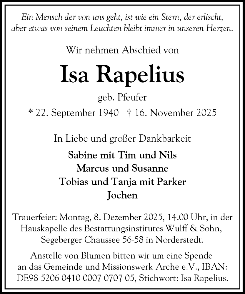  Traueranzeige für Isa Rapelius vom 29.11.2025 aus Heimatspiegel