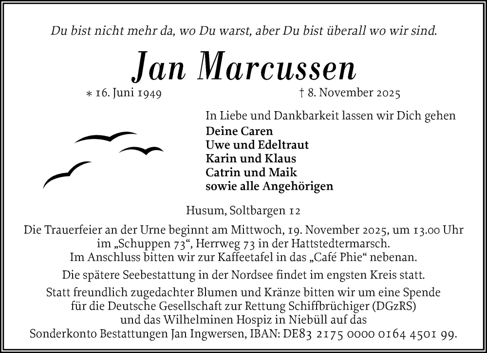 Traueranzeige für Jan Marcussen vom 14.11.2025 aus Husumer Nachrichten, Nordfriesland Tageblatt