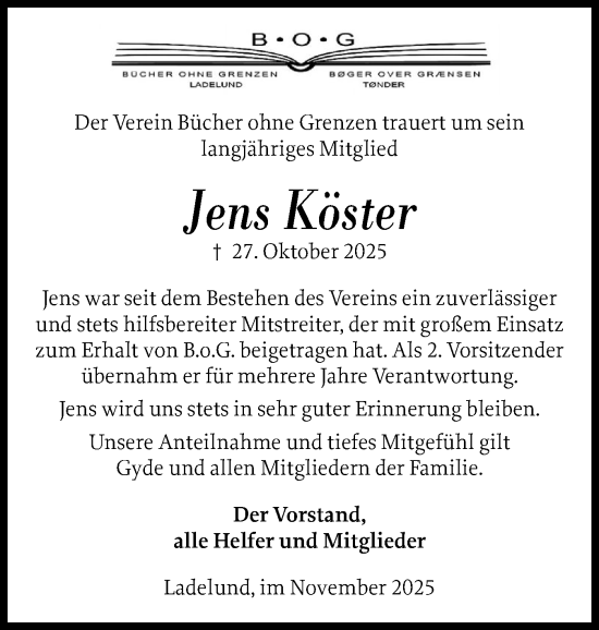 Traueranzeige von Jens Köster von Husumer Nachrichten, Nordfriesland Tageblatt