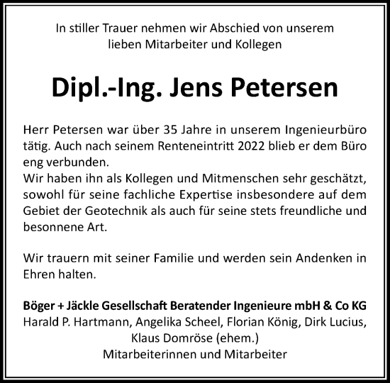 Traueranzeige von Jens Petersen von Umschau