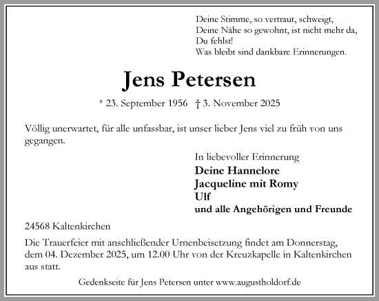 Traueranzeige von Jens Petersen von Umschau