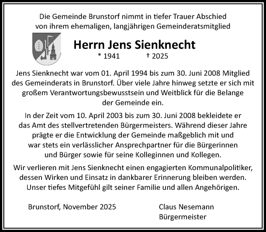 Traueranzeige von Jens Sienknecht von Wochenend Anzeiger