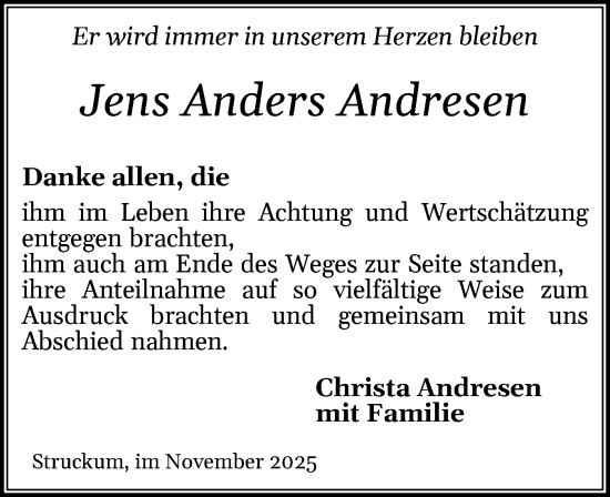 Traueranzeige von Jens Anders Andresen von Husumer Nachrichten, Nordfriesland Tageblatt
