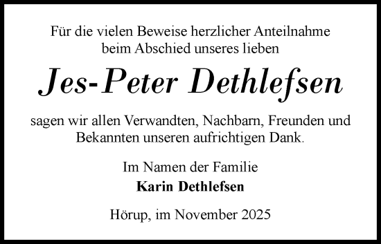 Traueranzeige von Jes-Peter Dethlefsen von Region Flensburg