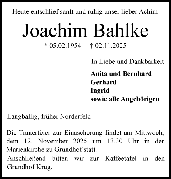 Traueranzeige von Joachim Bahlke von Flensburger Tageblatt