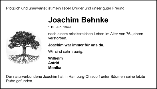 Traueranzeige von Joachim Behnke von A. Beig Gesamtausgabe