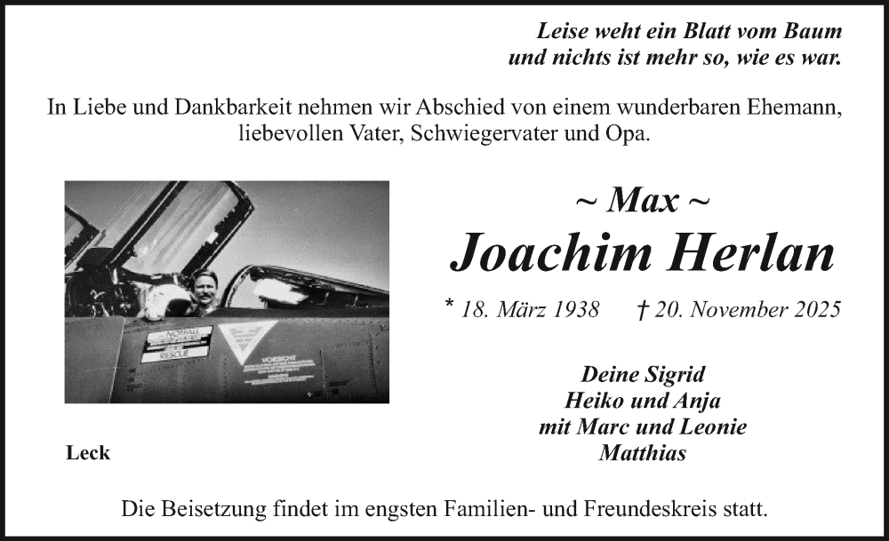  Traueranzeige für Joachim Herlan vom 26.11.2025 aus Husumer Nachrichten, Nordfriesland Tageblatt