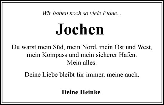 Traueranzeige von Jochen  von Eckernförder Zeitung, Hallo Eckernförde