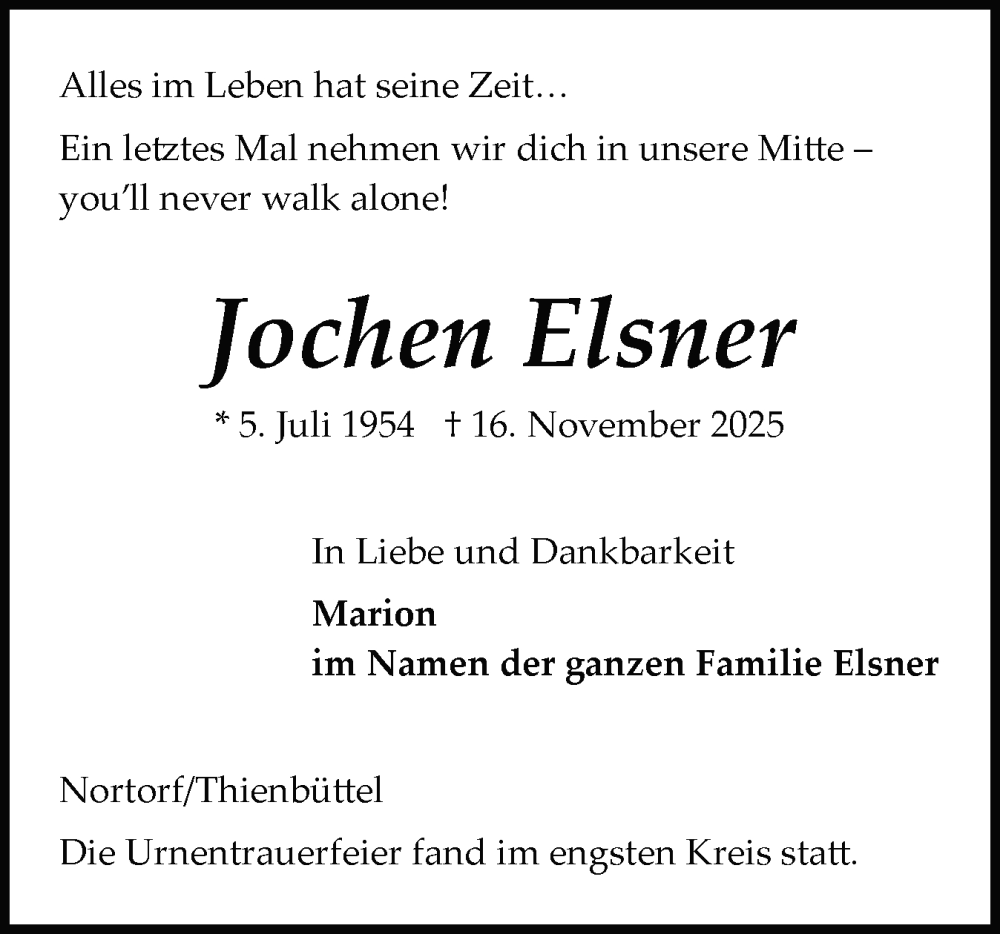  Traueranzeige für Jochen Elsner vom 29.11.2025 aus Schleswig-Holsteinische Landeszeitung
