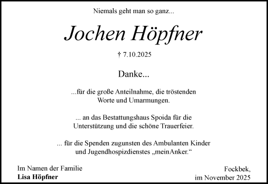 Traueranzeige von Jochen Höpfner von Schleswig-Holsteinische Landeszeitung