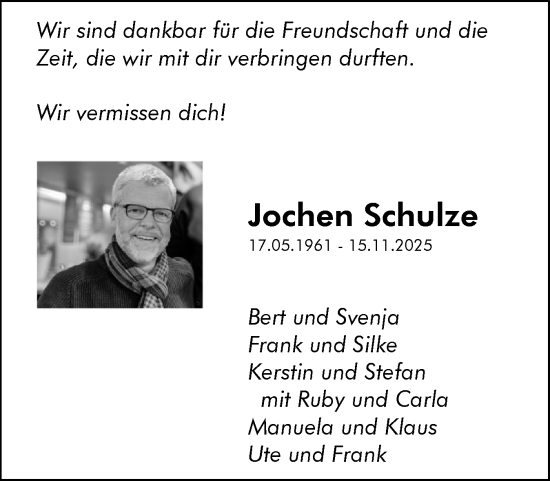 Traueranzeige von Jochen Schulze von Eckernförder Zeitung, Hallo Eckernförde