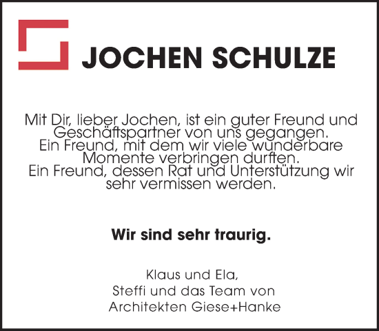 Traueranzeige von Jochen Schulze von Eckernförder Zeitung, Hallo Eckernförde