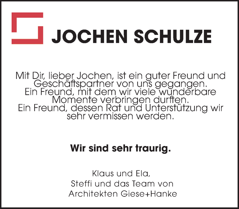  Traueranzeige für Jochen Schulze vom 29.11.2025 aus Eckernförder Zeitung, Hallo Eckernförde