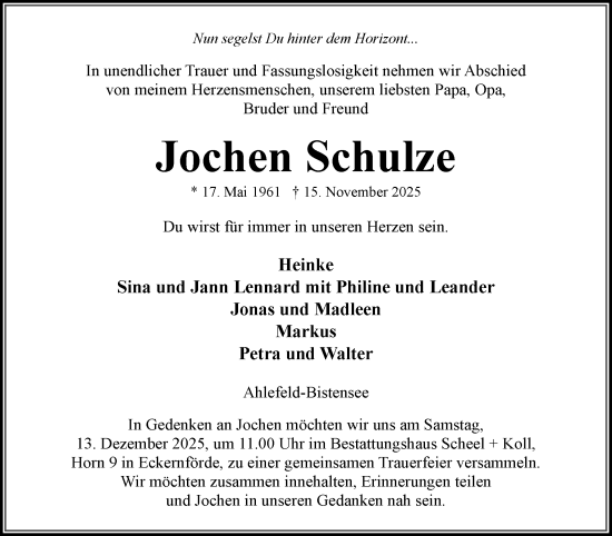 Traueranzeige von Jochen Schulze von Eckernförder Zeitung, Hallo Eckernförde