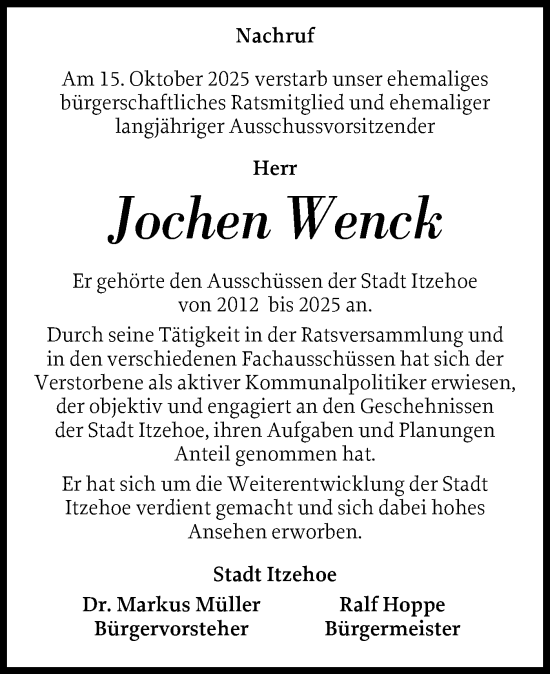 Traueranzeige von Jochen Wenck von Norddeutsche Rundschau, Wilstersche Zeitung, Glückstädter Fortuna