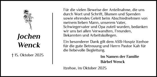 Traueranzeige von Jochen Wenck von Norddeutsche Rundschau, Wilstersche Zeitung, Glückstädter Fortuna
