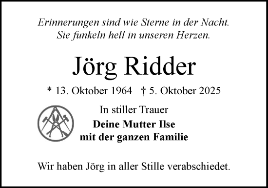Traueranzeige von Jörg Ridder von Eckernförder Zeitung, Hallo Eckernförde