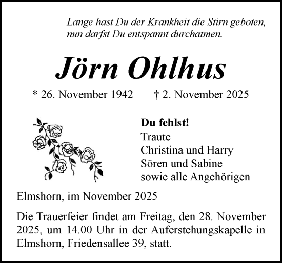 Traueranzeige von Jörn Ohlhus von Elmshorner Nachrichten, Barmstedter Zeitung