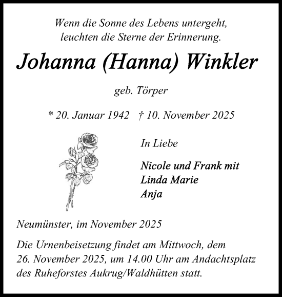 Traueranzeige von Johanna Winkler von Holsteinischer Courier
